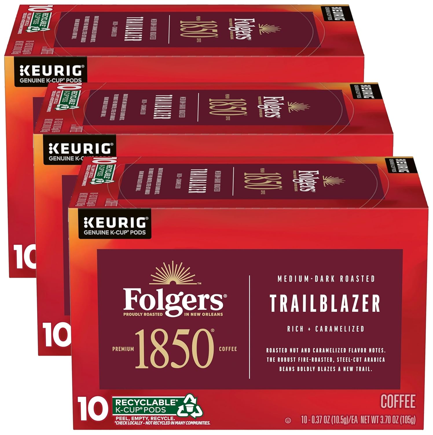 1850 by Folgers Trailblazer Medium Dark Roast Coffee, 10 Keurig K-Cup Pods