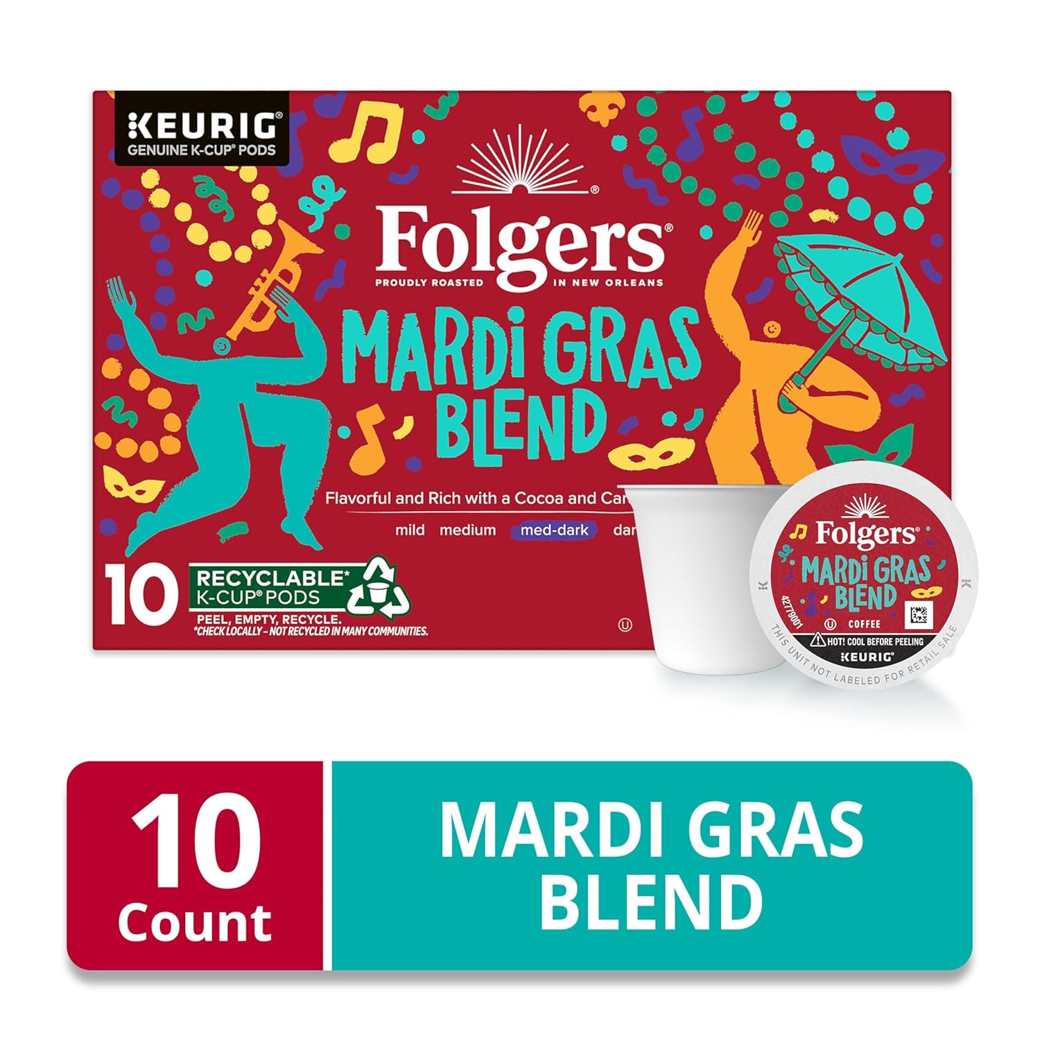 Folgers Mardi Gras Blend Medium-Dark Roast Coffee, Keurig K-Cup pods, 10 Count - View 3