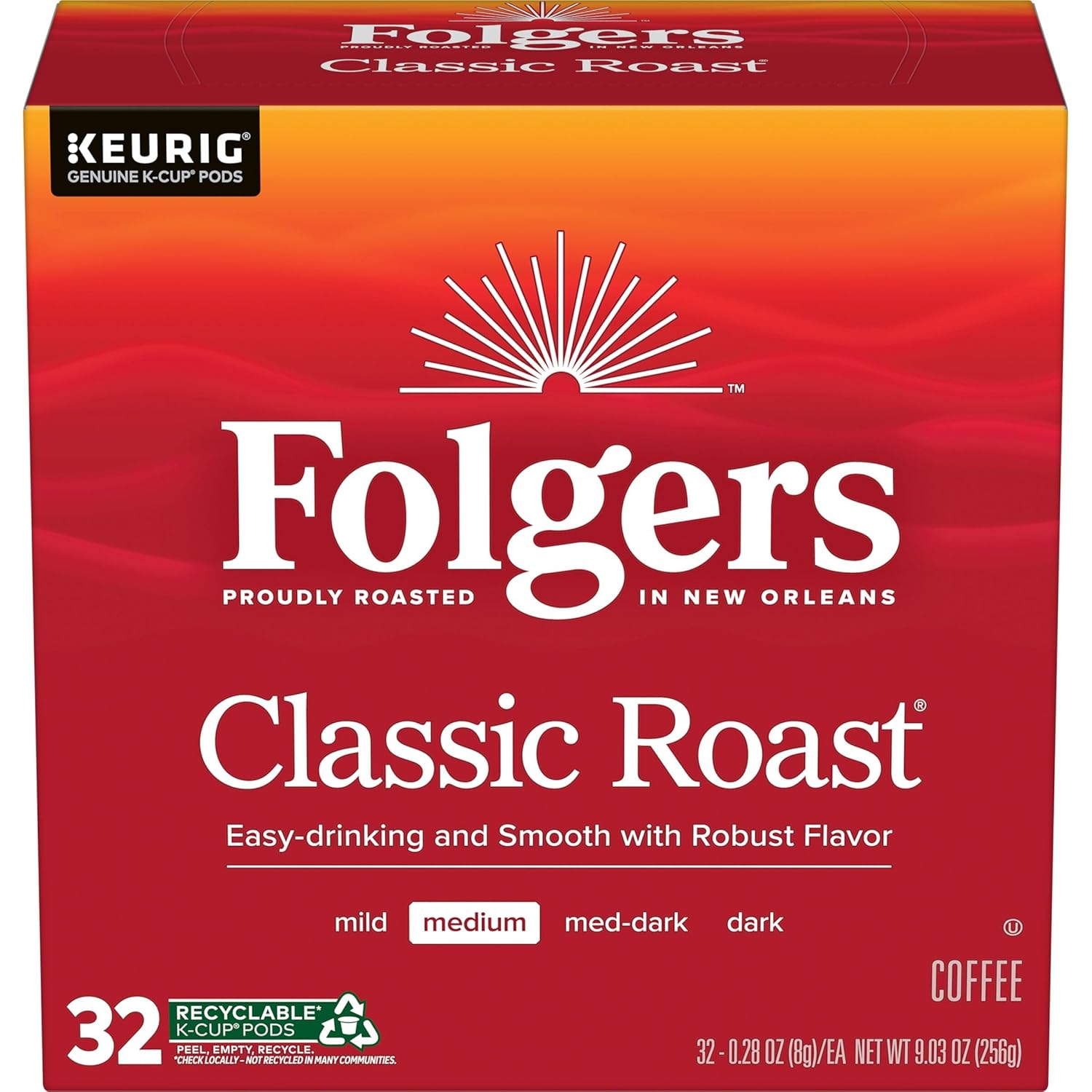 Folgers Classic Roast Coffee, Medium Roast, K Cup Pods for Keurig Coffee