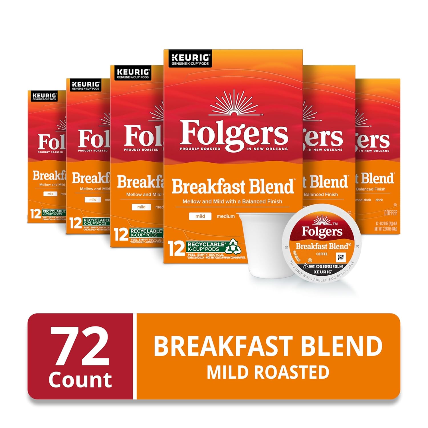 Folgers Breakfast Blend Mild Roast Coffee, 72 Keurig K-Cup Pods - View 2