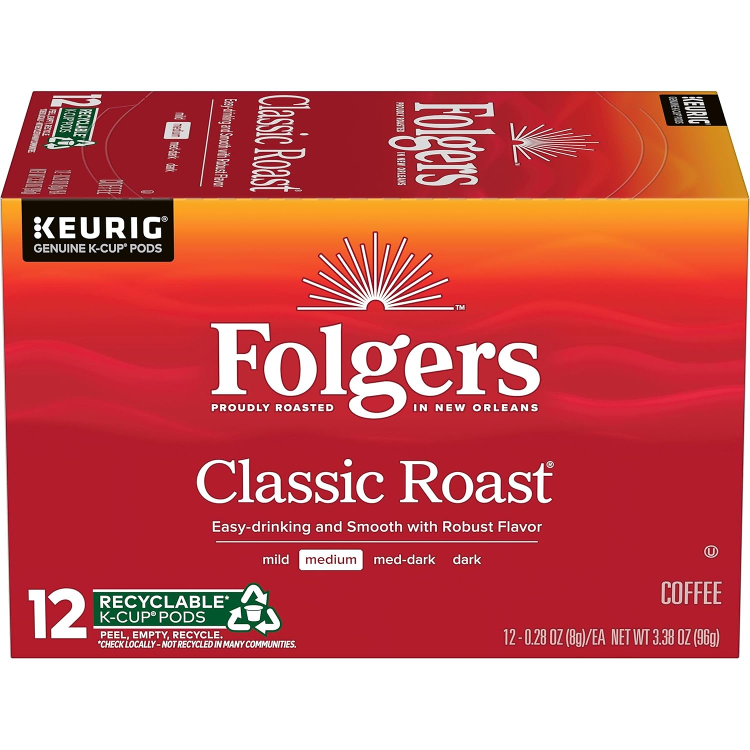 Folgers Classic Roast Medium Roast Coffee, 12 Keurig K-Cup Pods (Pack of 1, 12