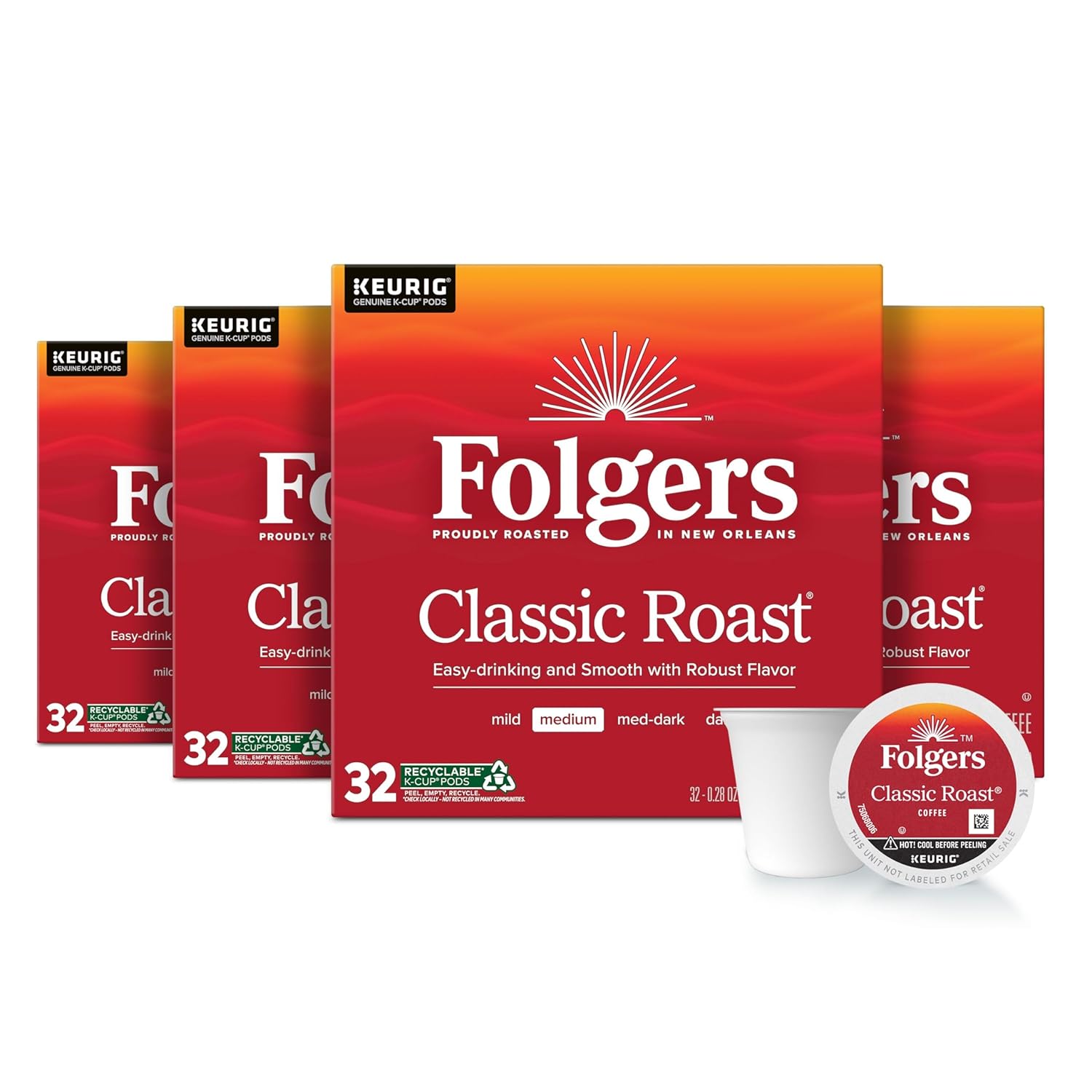 Folgers Classic Roast, Medium Roast Coffee, Keurig K-Cup Pods, 32 Count Boxes