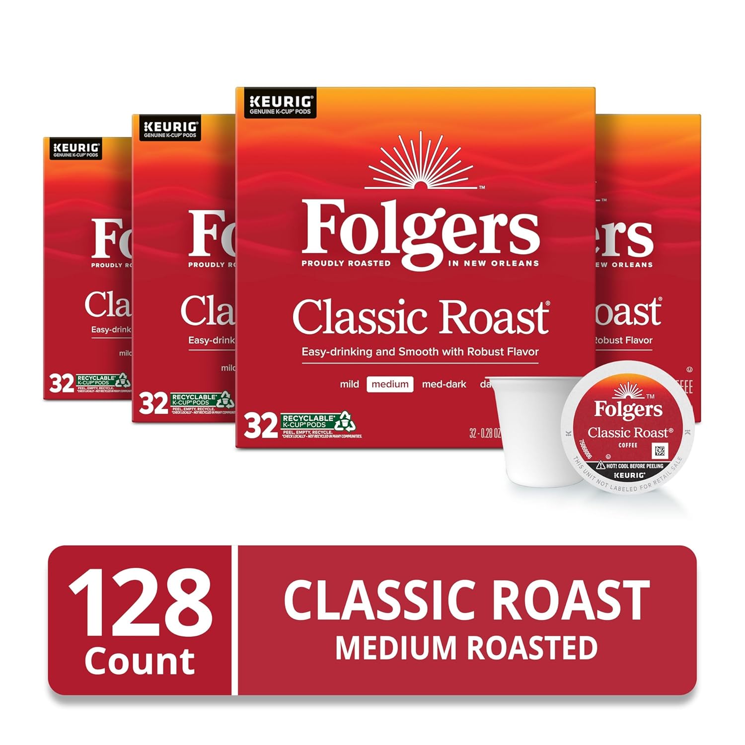 Folgers Classic Roast, Medium Roast Coffee, Keurig K-Cup Pods, 32 Count Boxes - View 2