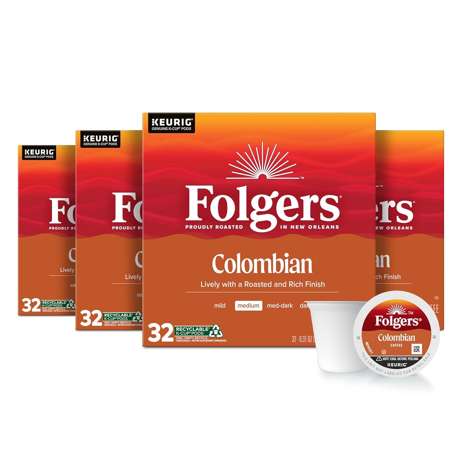 Folgers Colombian Coffee, Medium Roast, Keurig K-Cup Pods, 32 Count Boxes (Pack