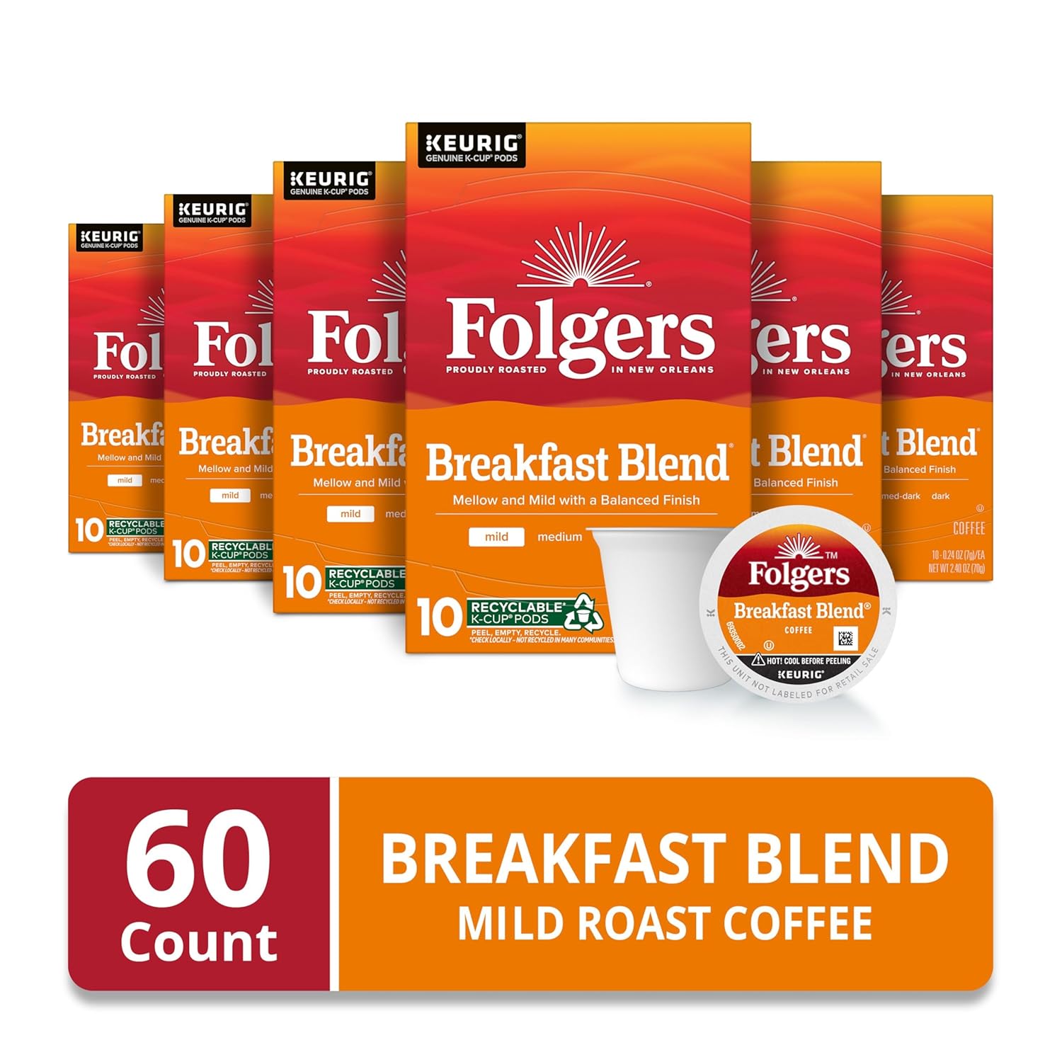 Folgers Breakfast Blend Coffee, Mild Roast, Keurig K-Cup Pods, 10 Count (Pack - View 2