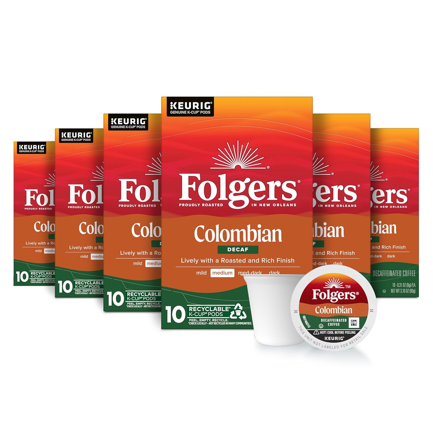 Folgers Colombian Decaf Coffee, Medium Roast, Keurig K-Cup pods, 10 Count Box