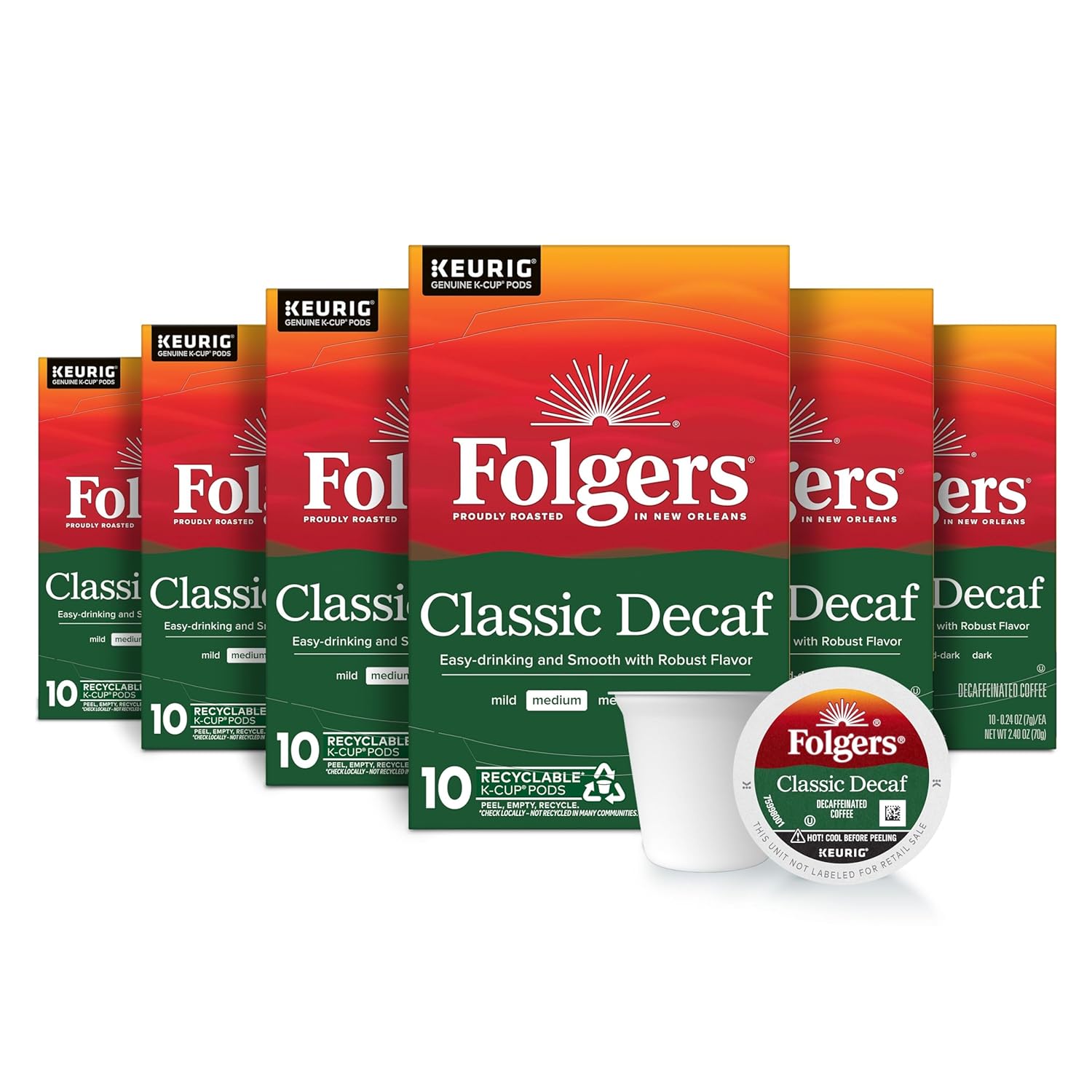 Folgers Classic Decaf Coffee Keurig K-Cup pods, Medium Roast, 10 Count Box
