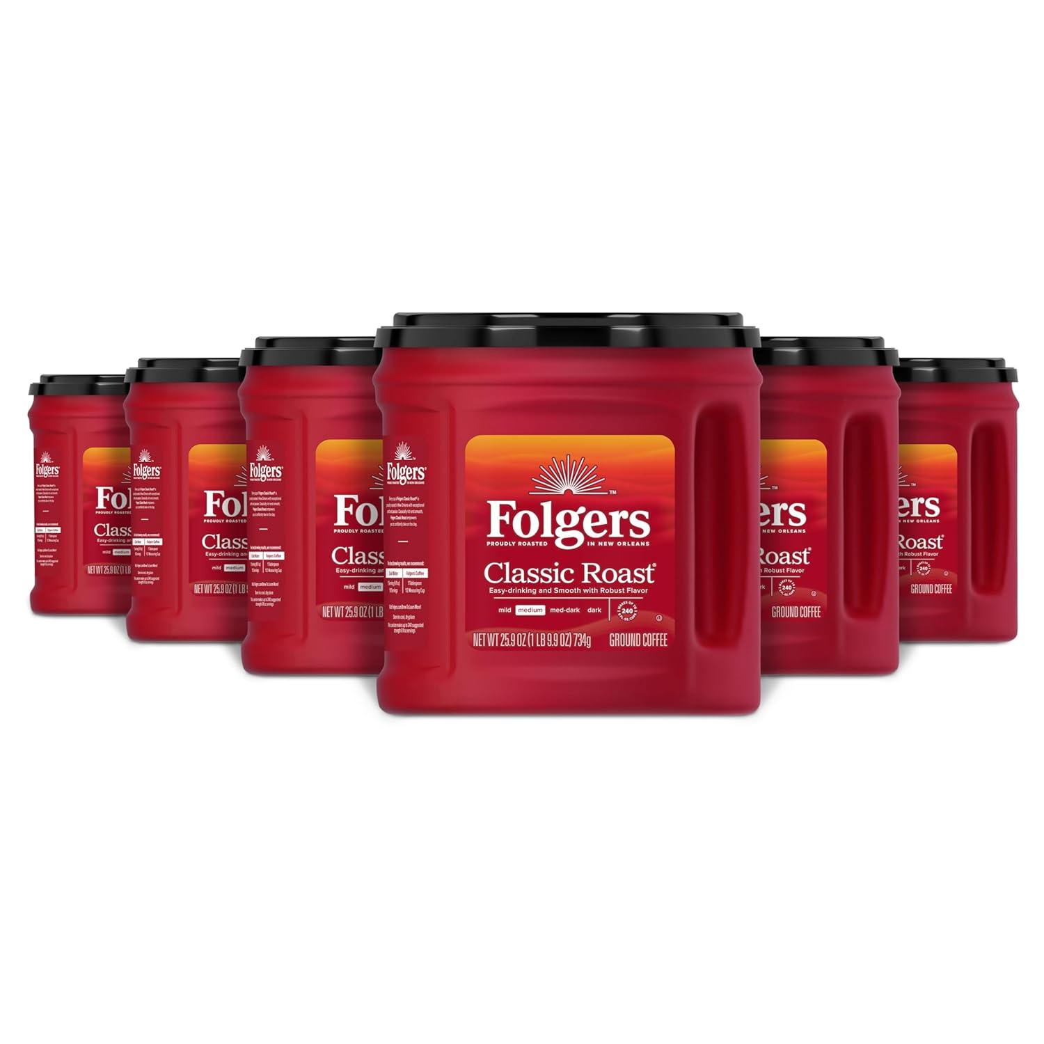 Folgers Classic Roast Ground Coffee, Medium Roast, 25.9 Oz. Canister (Pack of 6)