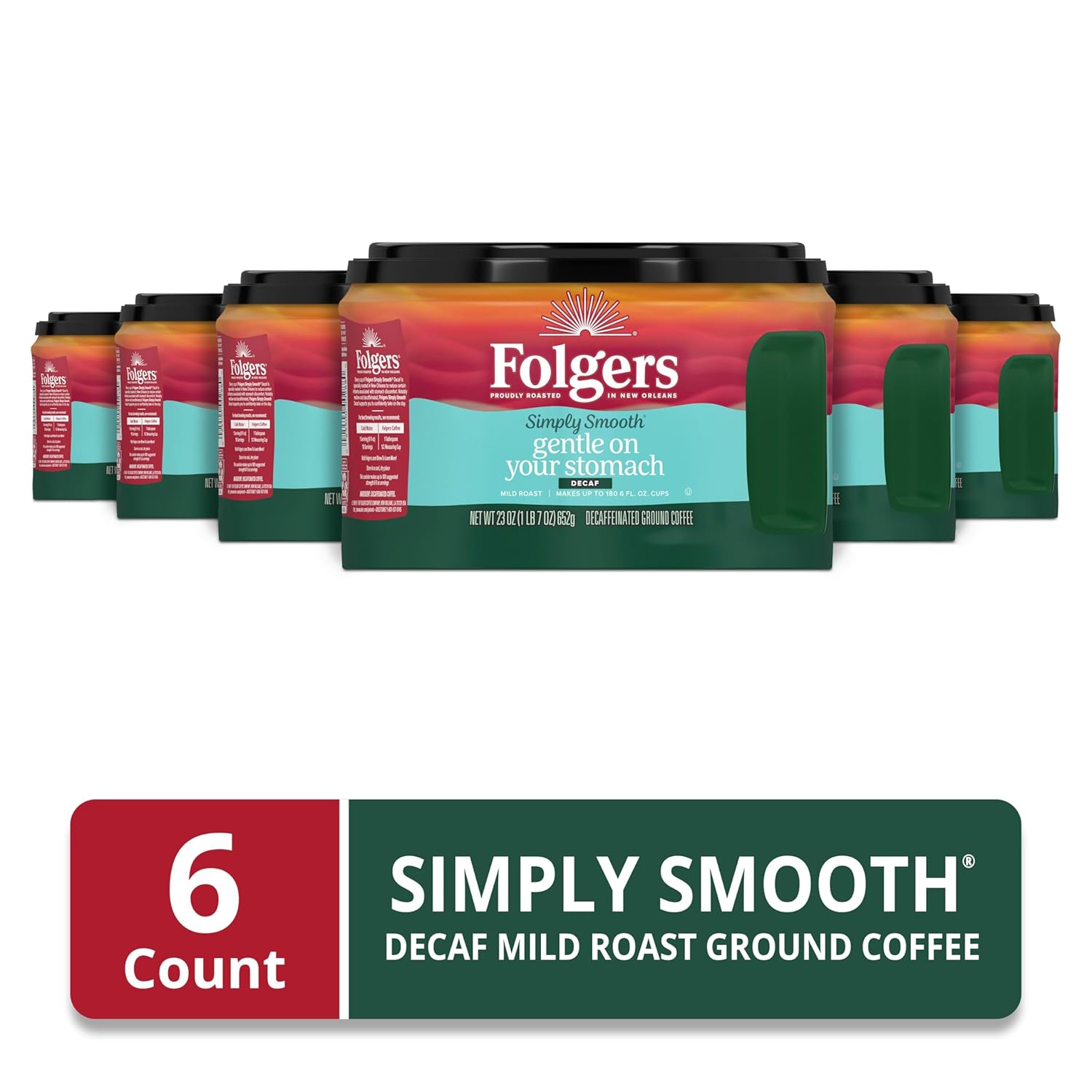 Folgers Simply Smooth Decaf Mild Roast Ground Coffee, 23 Ounces (Pack of 6) - View 2