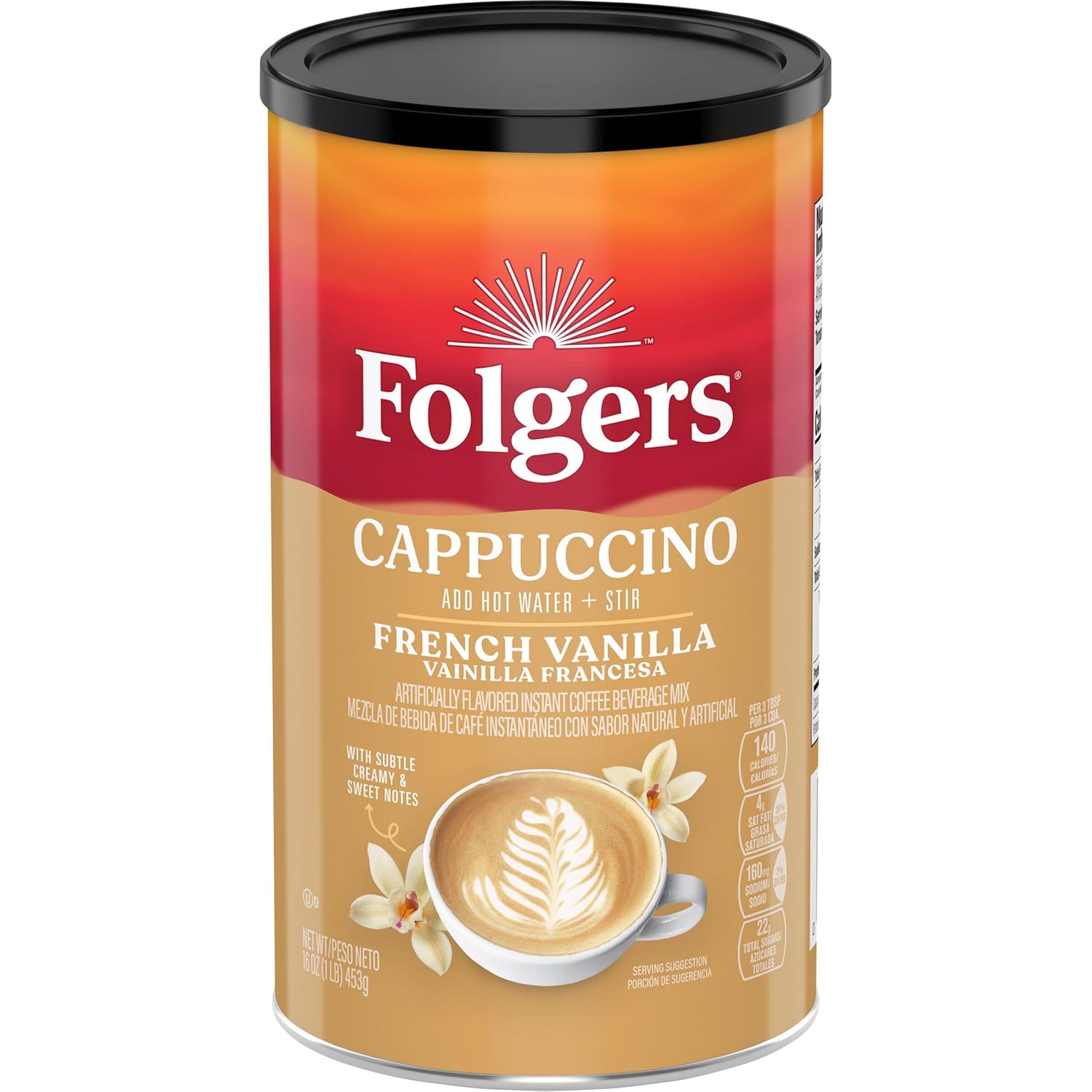 Folgers French Vanilla Flavored Cappuccino Mix, Instant Coffee Beverage, 16