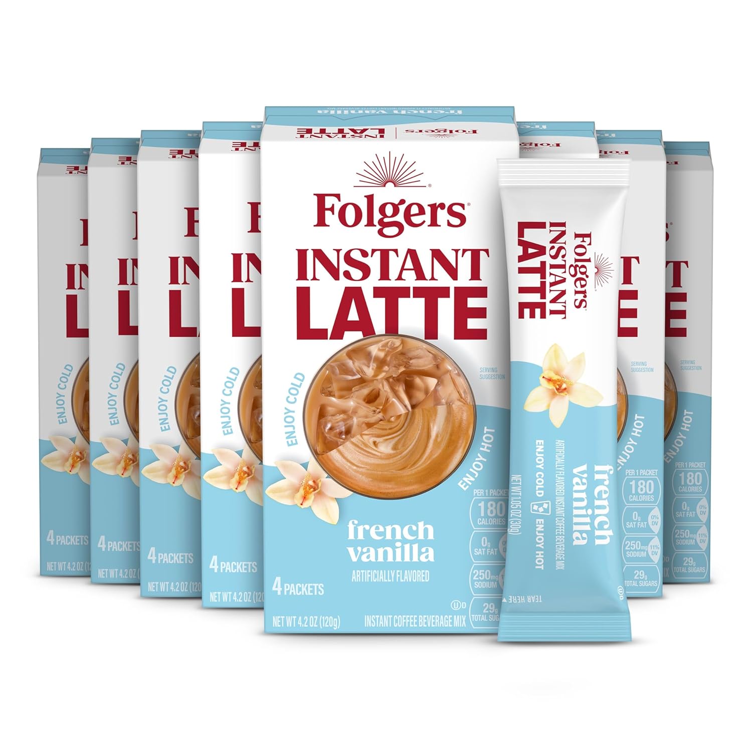 Folgers French Vanilla Flavored Instant Latte, 4 Single Serve Packets (Pack of