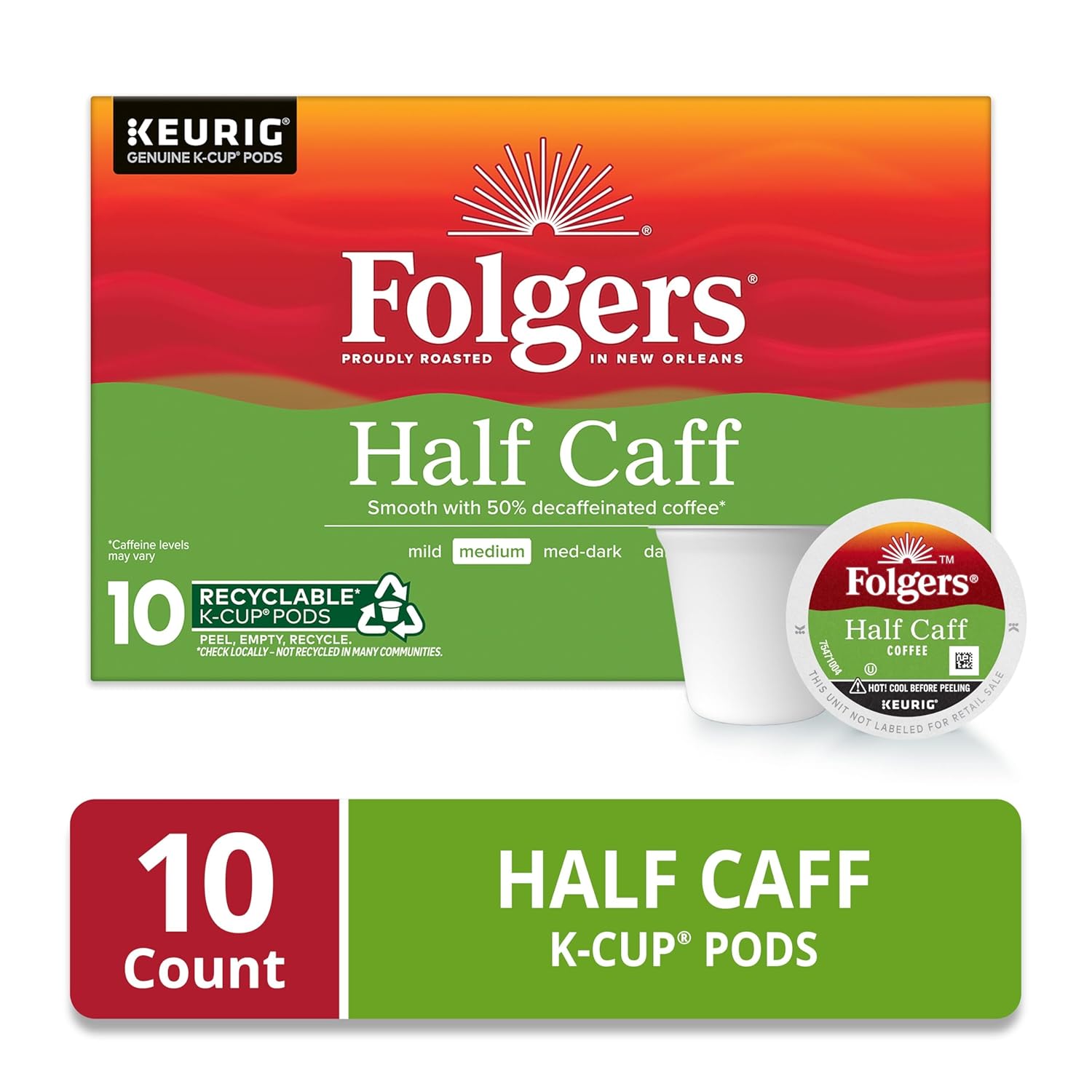 Folgers Half Caff Coffee, Medium Roast, Keurig K-Cup Pods, 10 Count - View 2