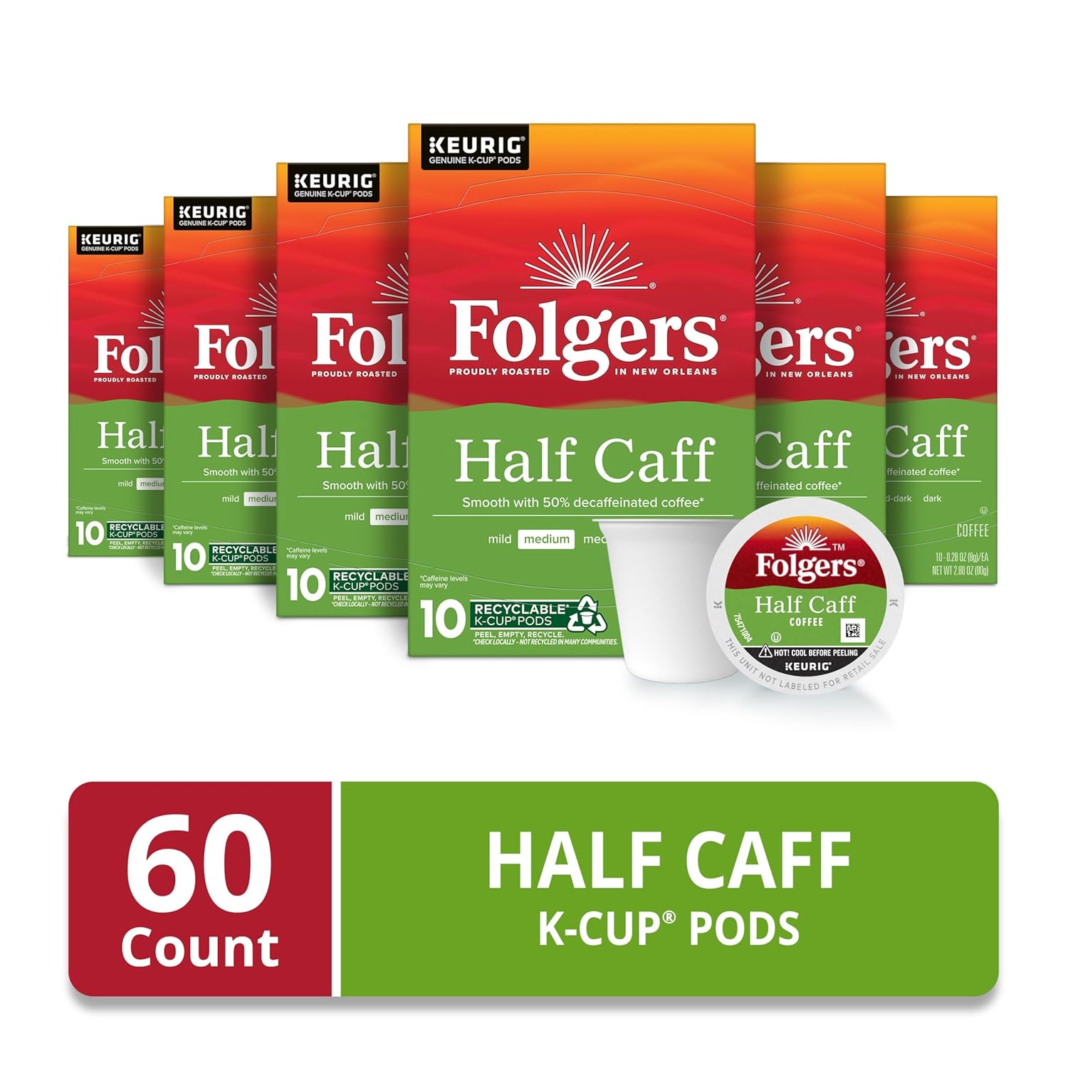 Folgers Half Caff Coffee, Medium Roast, Keurig K-Cup Pods, 10 Count (Pack of 6) - View 2