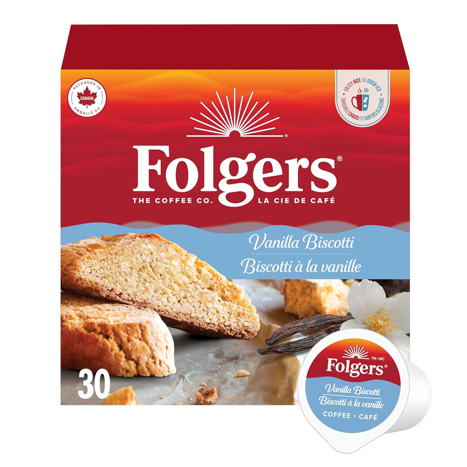 Folgers Vanilla Biscotti Coffee K-cups, 30 Count, 270g/9.5 oz. Box (Imported